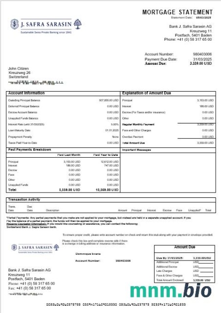 Szwajcaria Bank J. Safra Sarasin wyciąg z kredytu hipotecznego w formatach Word i PDF